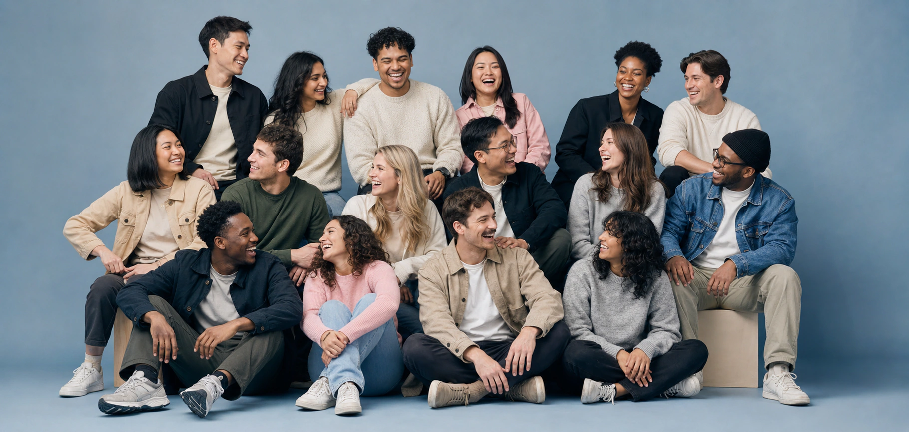 A diverse group of people gathered together and laughing.